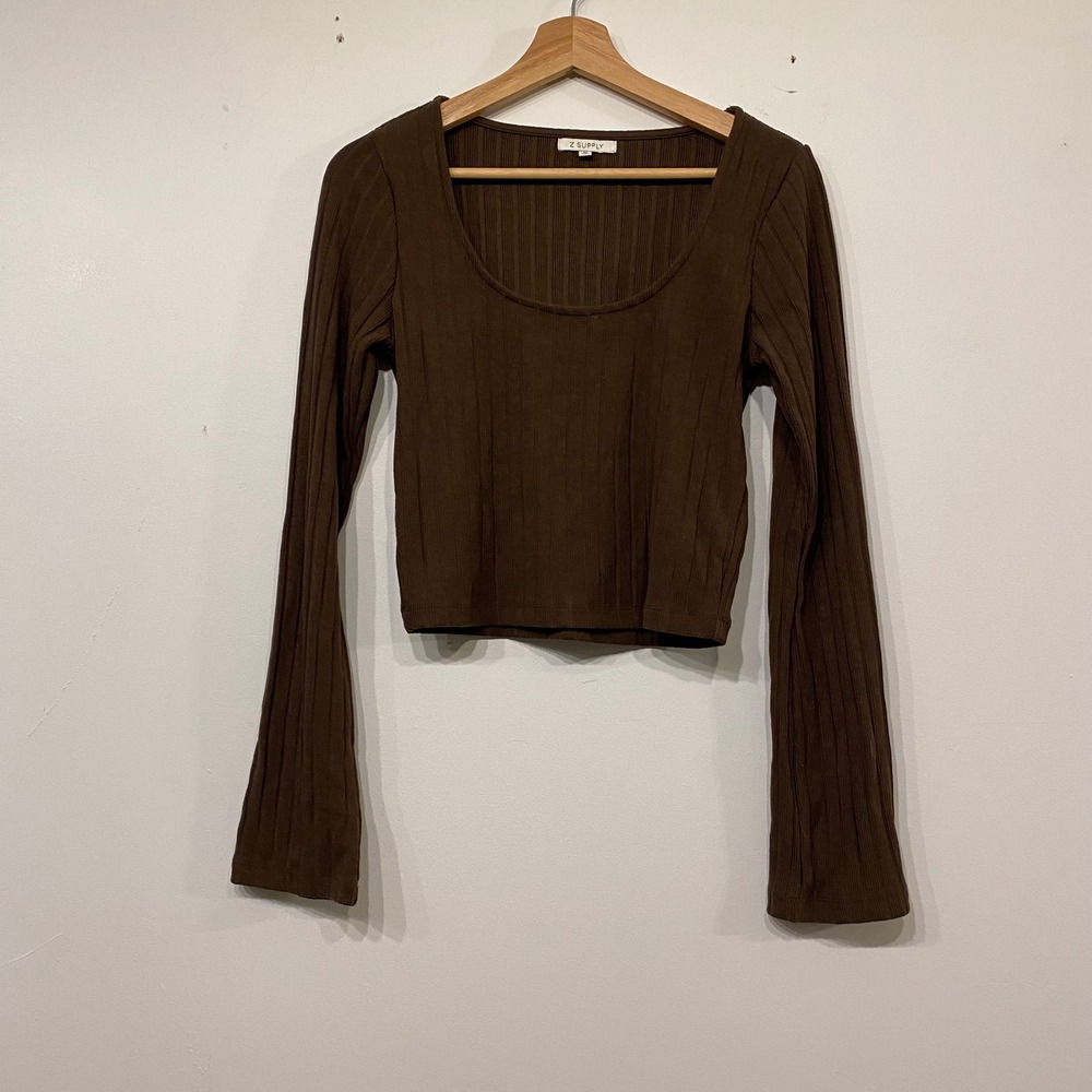 Z Supply Brown Ribbed Scoop Neck Bell Sleeve Long Sleeve Cropped Top Size Medium